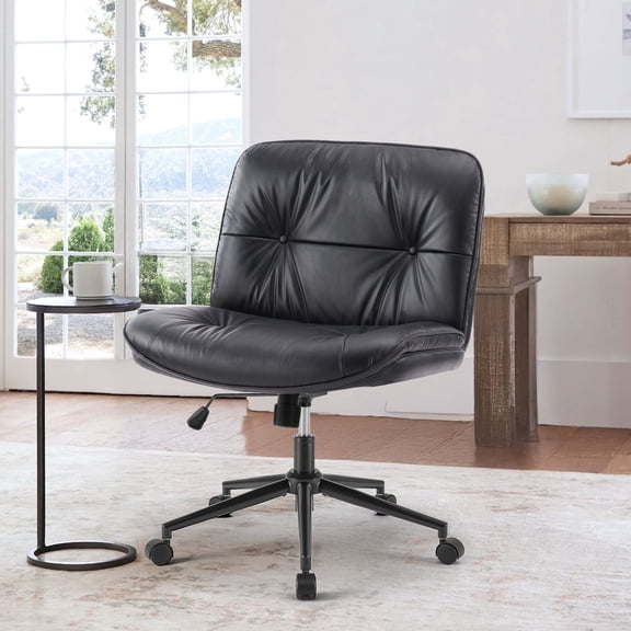 CONCETTA Armless Office Chair with Wheels - Swivel Rolling & 22° Rocking Recline, Wide PU Leather Seat, for Home Office Desk and Mobile Use, Black