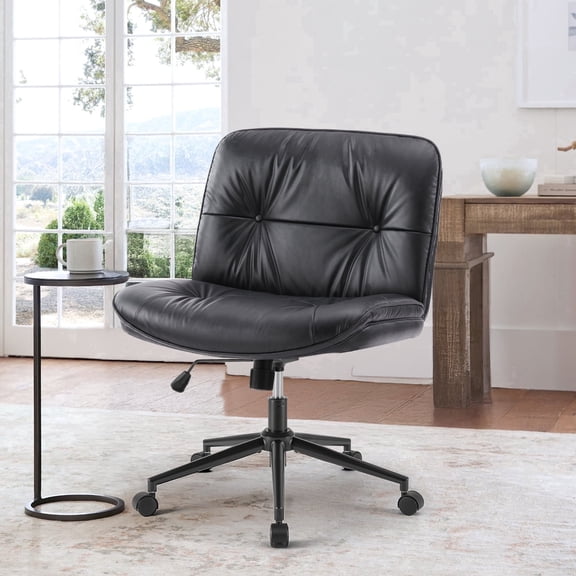 CONCETTA Armless Office Chair with Wheels - Swivel Rolling & 22° Rocking Recline, Wide PU Leather Seat, for Home Office Desk and Mobile Use, Black