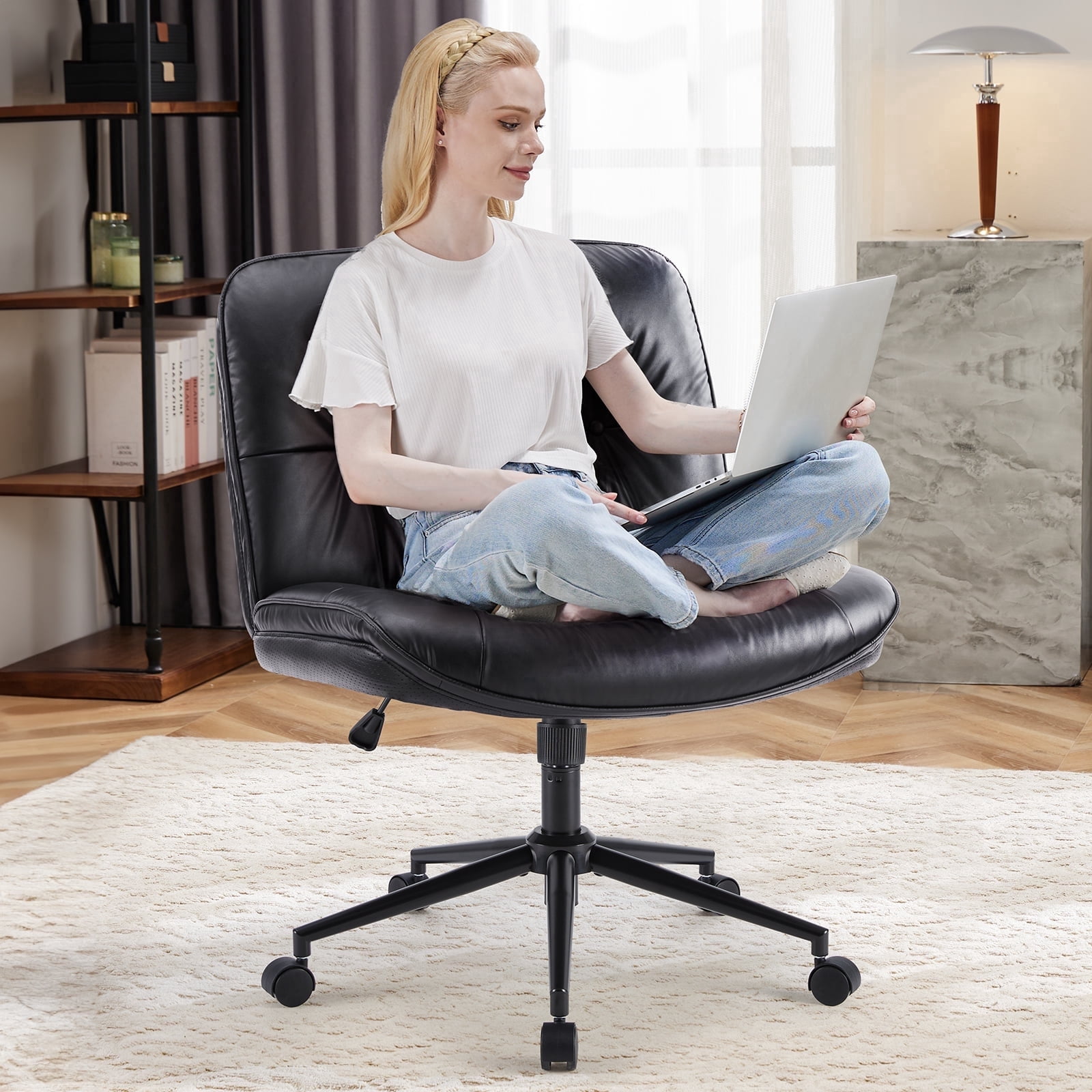 CONCETTA Cross Legged Armless Office Chair, 26.8" Wide PU Leather Seat, Adjustable Swivel Vanity Desk Chair with Rocking Function, Khaki Gray