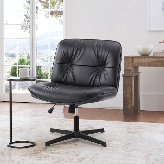 CONCETTA Armless Office Chair, Stable Non-Slip Base, Wide PU Leather Seat & Rocking Design, Perfect for Makeup Vanity Bedroom Fixed Desk, Black