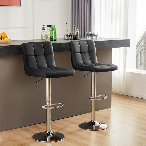 CONCETTA Bar Stools - Set of 2 Adjustable Swivel PU Leather Counter Seats, Black