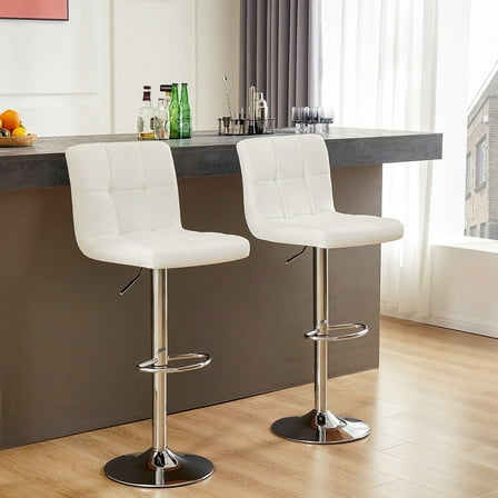 CONCETTA Set of 2 White Swivel Bar Stools, Adjustable PU Leather with Back & Footrest