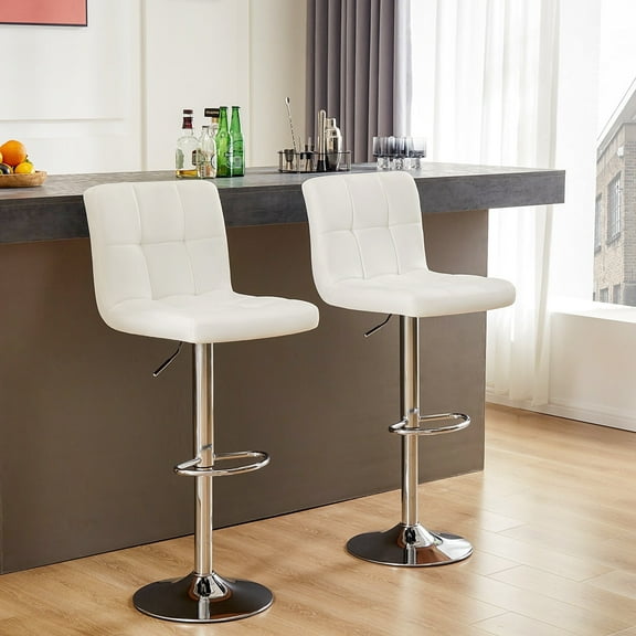 CONCETTA Set of 2 White Swivel Bar Stools, Adjustable PU Leather with Back & Footrest