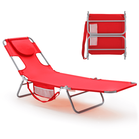 SHOUFTW Folding Lounge Chair, Portable Beach Chair with Adjustable Backrest, Steel Frame Outdoor Reclining Chair for Camping, Picnic, Backyard, Red