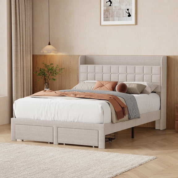 CONCETTA Full Size Upholstered Platform Bed, Platform Bed with Headboard and 2 Drawers, Sturdy Modern Wooden & Metal Frame Platform for Mattress Support, No Box Spring Needed,Beige