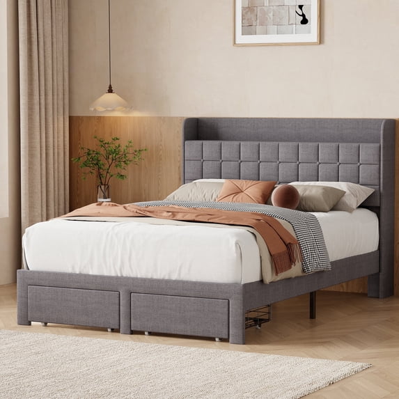 CONCETTA Full Size Upholstered Platform Bed, Platform Bed with Headboard and 2 Drawers, Sturdy Modern Wooden & Metal Frame Platform for Mattress Support, No Box Spring Needed,Gray