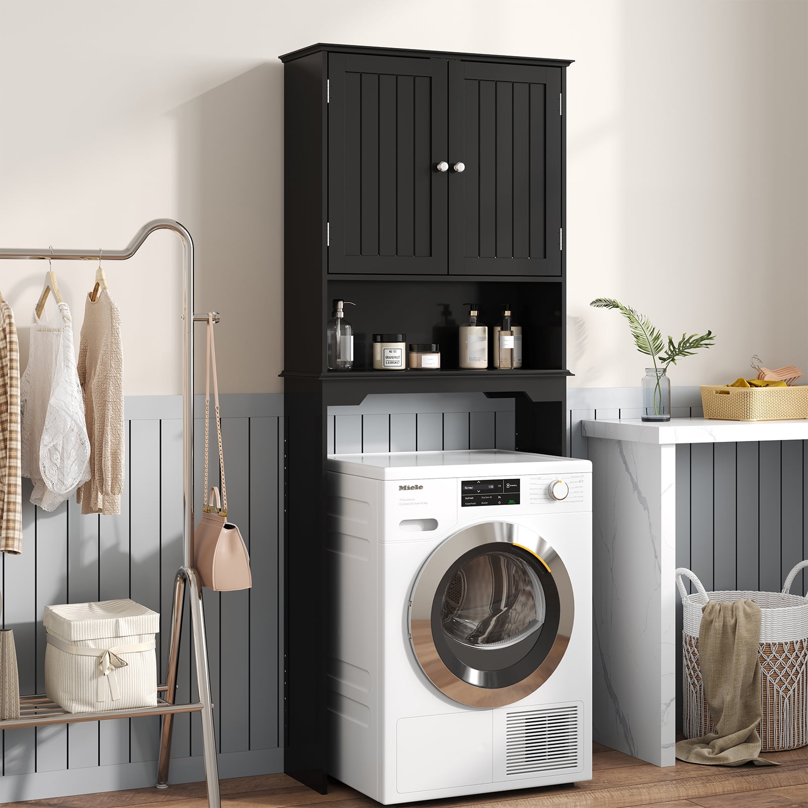 CONCETTA Black Over The Toilet Cabinet for Bathroom, Space Saver Storage with Quiet Magnetic Doors & Adjustable Bottom Stabilizer