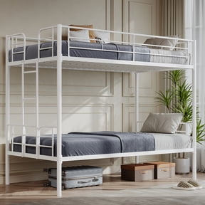 CONCETTA Bunk Bed Twin Over Twin , Teens & Adults Bunk Bed with Stairs & Flat Rungs, Heavy Duty Metal Slats, No Box Spring Needed, White