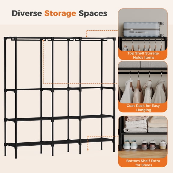 CONCETTA Clothes Rack, Heavy Duty Portable Wardrobe Closet Organizer with Shelves and Multiple Hanging Rods, Durable Garment Storage for Bedroom and Laundry Room