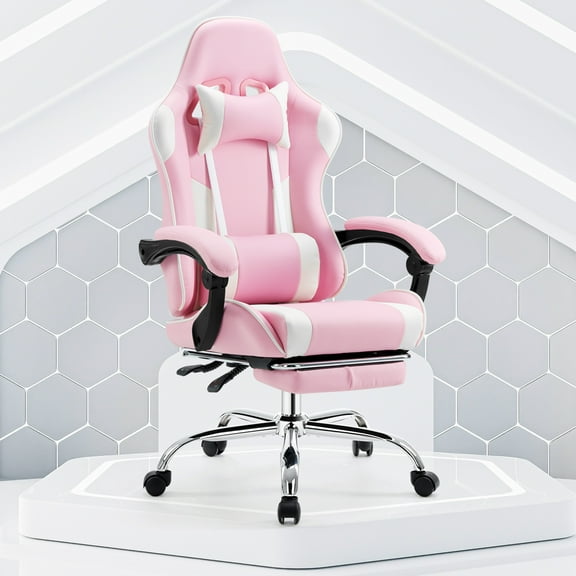 CONCETTA Computer Chair with Footrest and Lumbar Support, Home Offfice Chair, Pink and White