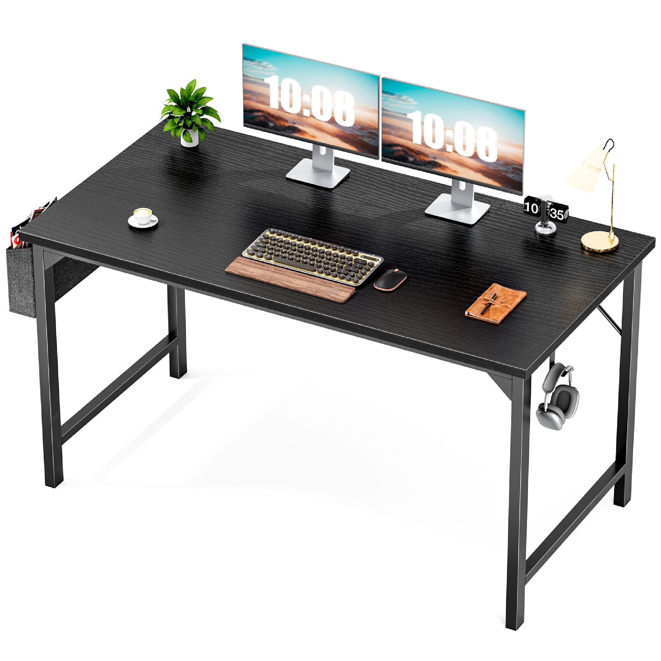 CONCETTA Computer Desk 47 Inch, Simple Farmhouse Table With Storage Bag & Headphone Hooks, Black
