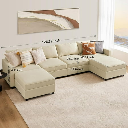 CONCETTA Convertible U-Shaped Sectional Sofa Couch with 6 Seats 6 Backs, Modern Modular Sleeper with Storage, Gray