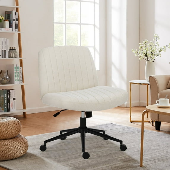 CONCETTA Criss Cross Legged Armless Chairs, Height Adjustable Office Chair with Wide Seat Swivel Padded Fabric for Home Office Bedroom, Linen - Beige - With Wheels