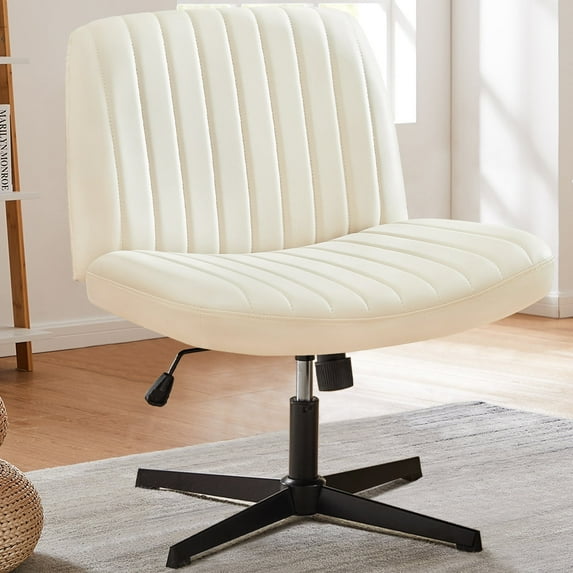 CONCETTA Criss Cross Legged Armless No Wheels Chairs, Height Adjustable Office Chair with Wide Seat Swivel Padded Fabric for Home Office Bedroom, PU+PVC - Beige