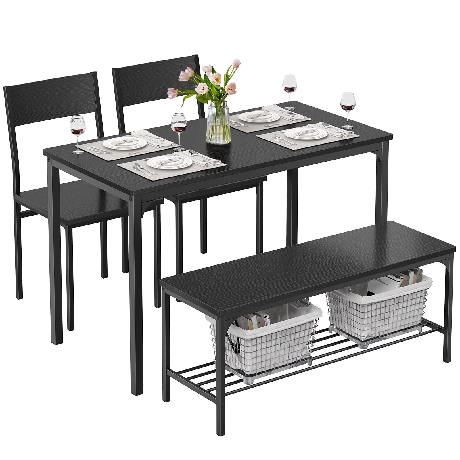 CONCETTA Dining Table Set with 1 Table, 2 Chairs, Dining Bench with Metal Frame & Storage Rack for Small Spaces, Kitchen, Apartment