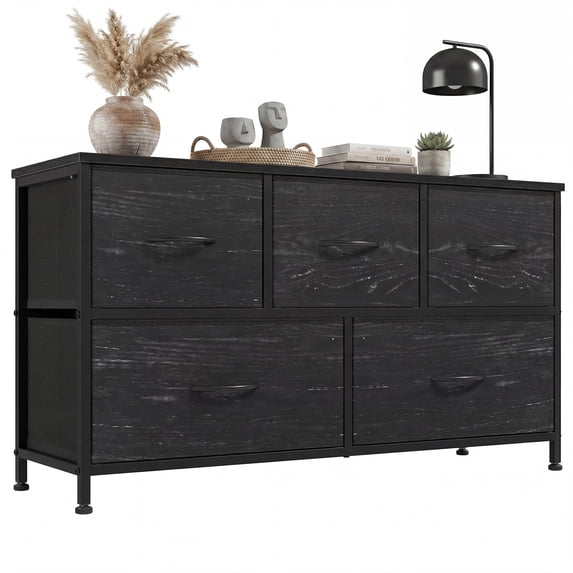 CONCETTA Dresser 5 Fabric Storage Drawer Dresser, TV Stand, Chest of Drawers for Bedroom, Closet, Entryway, Living Room, Black Wood