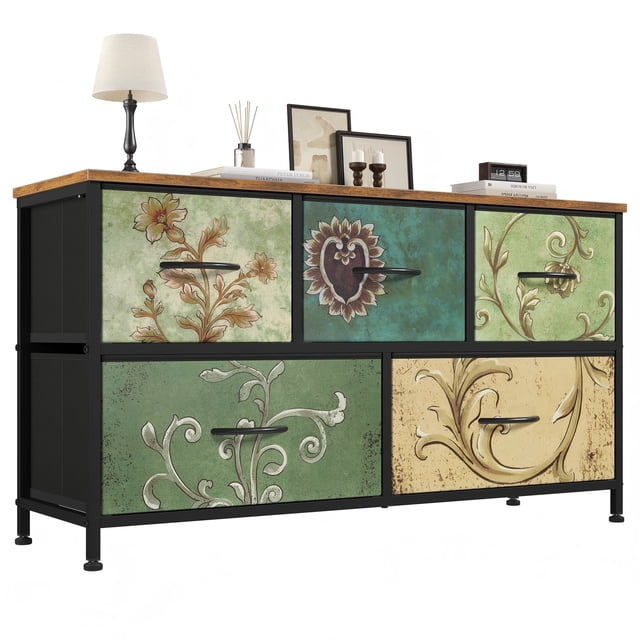 CONCETTA Dresser 5 Fabric Storage Drawer Dresser, TV Stand, Chest of Drawers for Bedroom, Closet, Entryway, Living Room, Floral Color