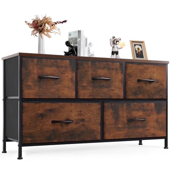 CONCETTA Dresser 5 Fabric Storage Drawer Dresser, TV Stand, Chest of Drawers for Bedroom, Closet, Entryway, Living Room, Rust
