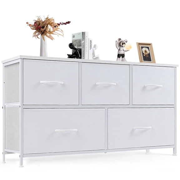 CONCETTA Dresser 5 Fabric Storage Drawer Dresser, TV Stand, Chest of Drawers for Bedroom, Closet, Entryway, Living Room, White