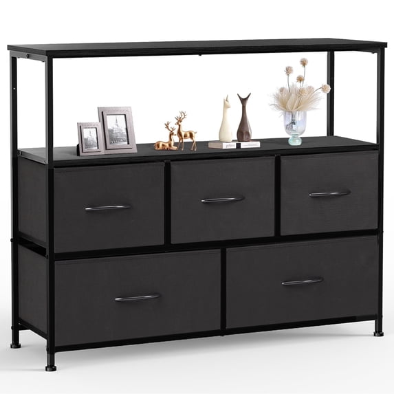 CONCETTA Dresser for Bedroom TV Stand with Storage Entertainment Center Dresser with 5 Fabric Drawers with Open Storage Shelf for Bedroom Living Room Hallway, Black