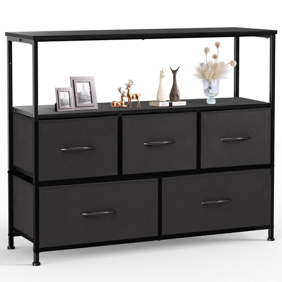 CONCETTA Dresser for Bedroom TV Stand with Storage Entertainment Center Dresser with 5 Fabric Drawers with Open Storage Shelf for Bedroom Living Room Hallway, Black