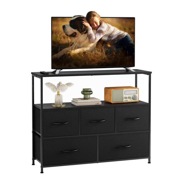 CONCETTA TV Stand Dresser with 5 Fabric Drawers and Open Shelving, Multi-functional Storage Unit for Bedroom Living Room Hallway, Black