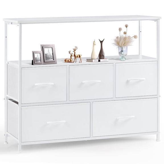 CONCETTA Dresser for Bedroom TV Stand with Storage Entertainment Center Dresser with 5 Fabric Drawers with Open Storage Shelf for Bedroom Living Room Hallway, White