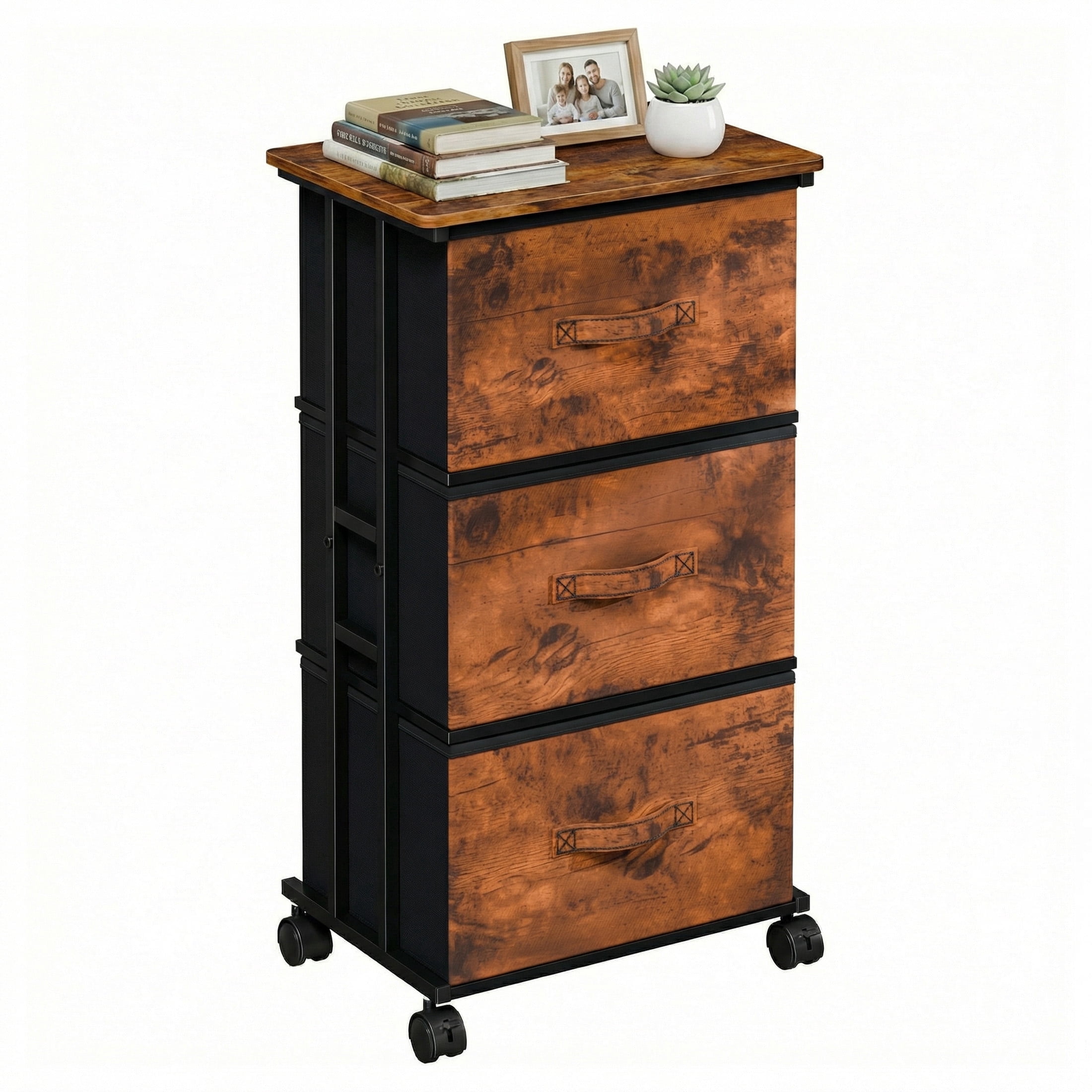 CONCETTA Dresser Storage with 3 Drawers, Storage with Wheels for Bedroom, Home Office, Rust Brown