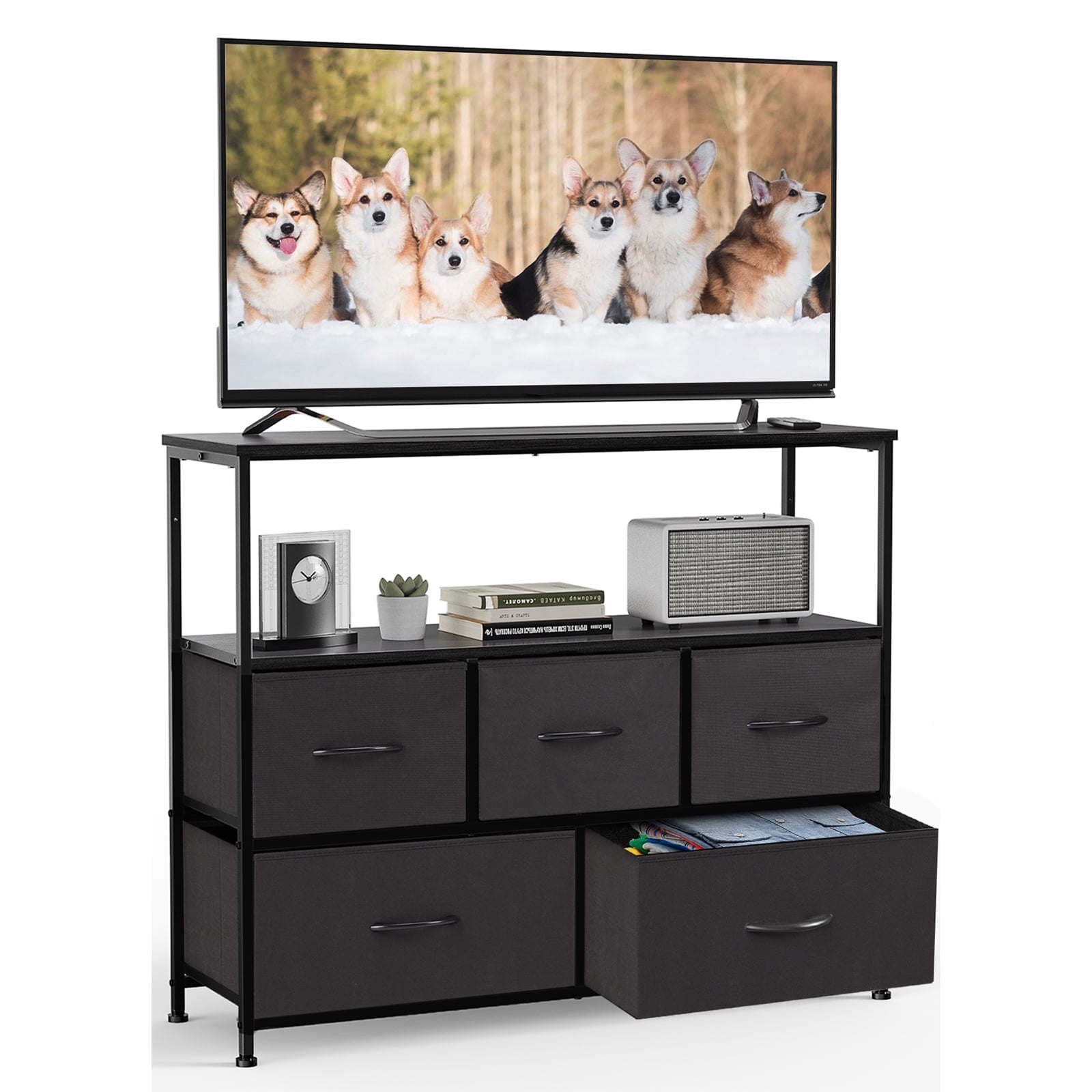 CONCETTA Dresser TV Stand for 45" TV with 5 Fabric Drawers, Sturdy Dresser for Bedroom with Wood Open Shelves, Dressers & Chest of Drawers for Living Room, Entryway, Closet, Black