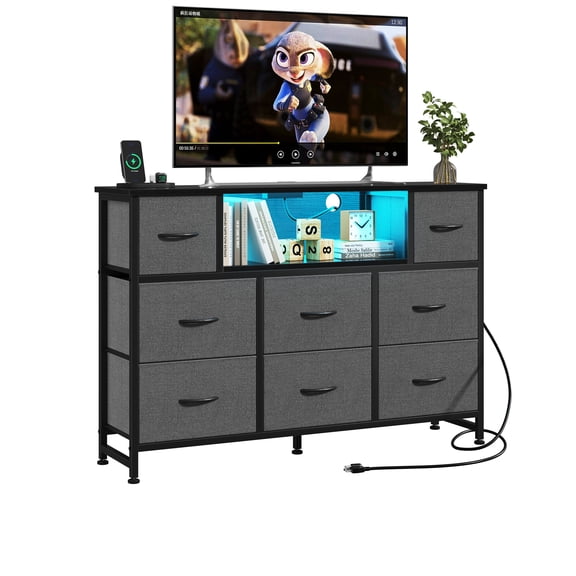 CONCETTA Dresser TV Stand, Entertainment Center with LED Lights & Charging Station, 8 Fabric Drawers for Living Room, Gray