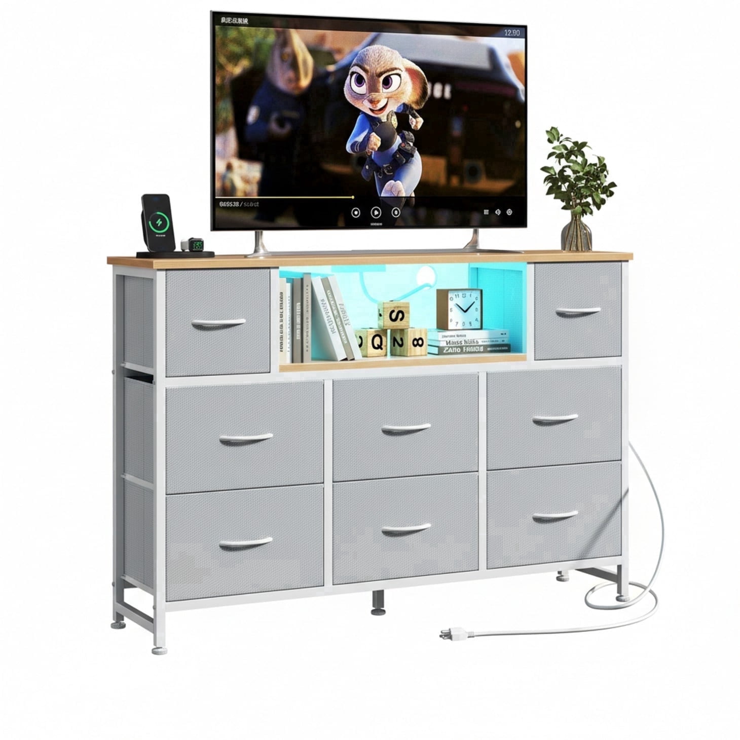 CONCETTA 55 inch TV Stand Dresser, 8 Fabric Drawers Storage Organizer for Bedroom Living Room, LED & Charging Station, Light Gray