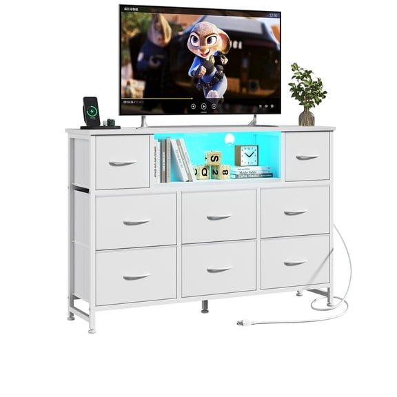 CONCETTA Dresser TV Stand, Entertainment Center with LED Lights & Charging Station, 8 Fabric Drawers for Living Room, White