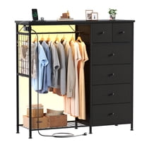 CONCETTA Dresser for Bedroom with Hanging Rack 6 Drawers Dresser, LED Lights & Charging Station, Wooden Top, Grid Panel, Black