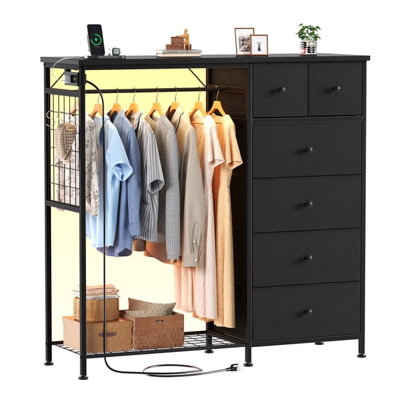 CONCETTA Dresser for Bedroom with Hanging Rack 6 Drawers Dresser, LED Lights & Charging Station, Wooden Top, Grid Panel, Black