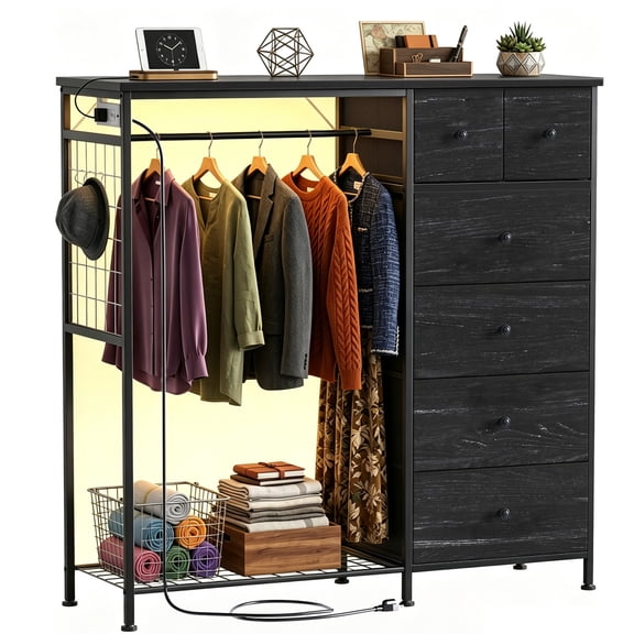 CONCETTA Dresser for Bedroom with Hanging Rack 6 Drawers Dresser, LED Lights & Charging Station, Wooden Top, Grid Panel, Black Wood