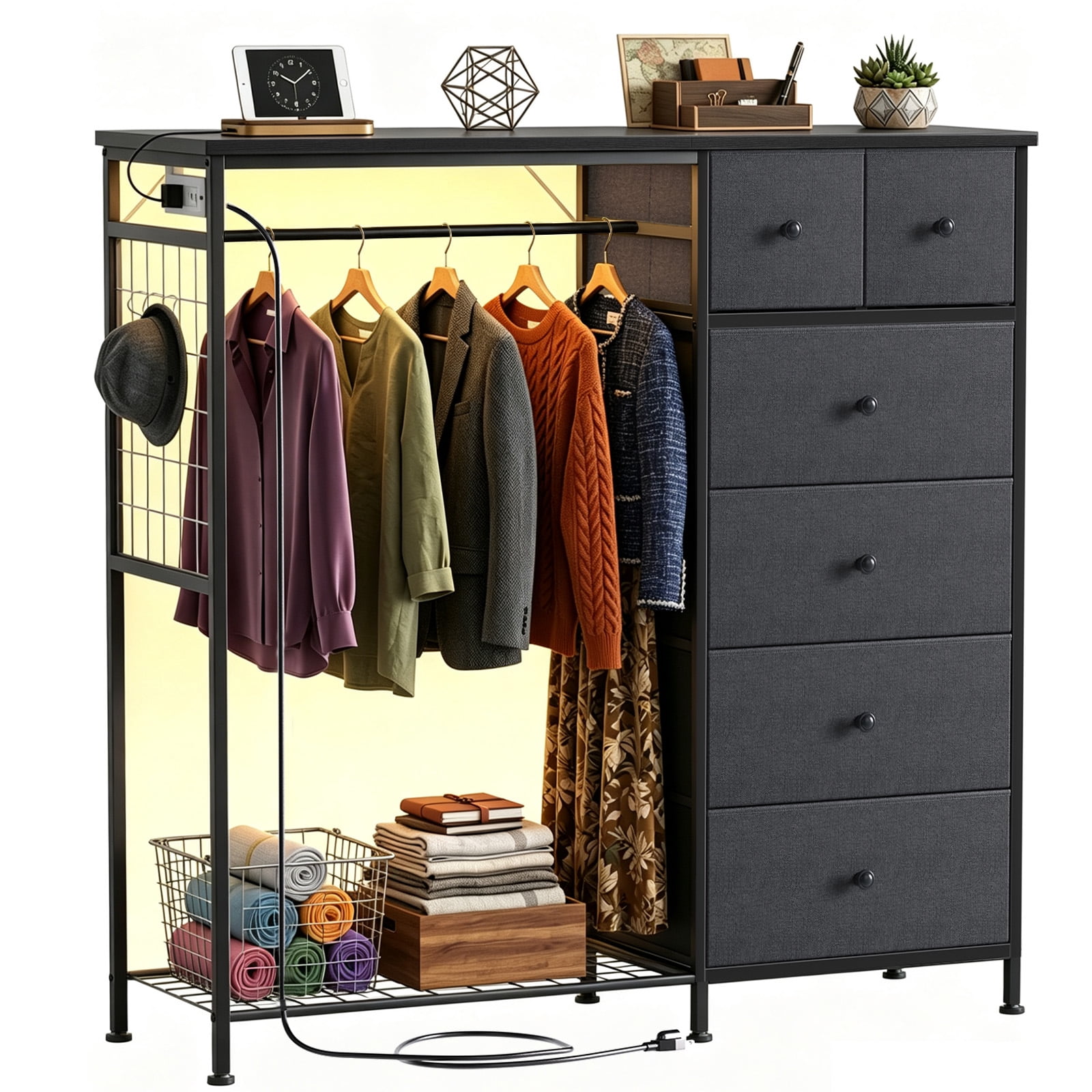 hanging dresser 49.2" W Dresser for Bedroom with Hanging Rack 6 Drawers Dresser with LED  Lights - On Sale - Bed Bath & Beyond