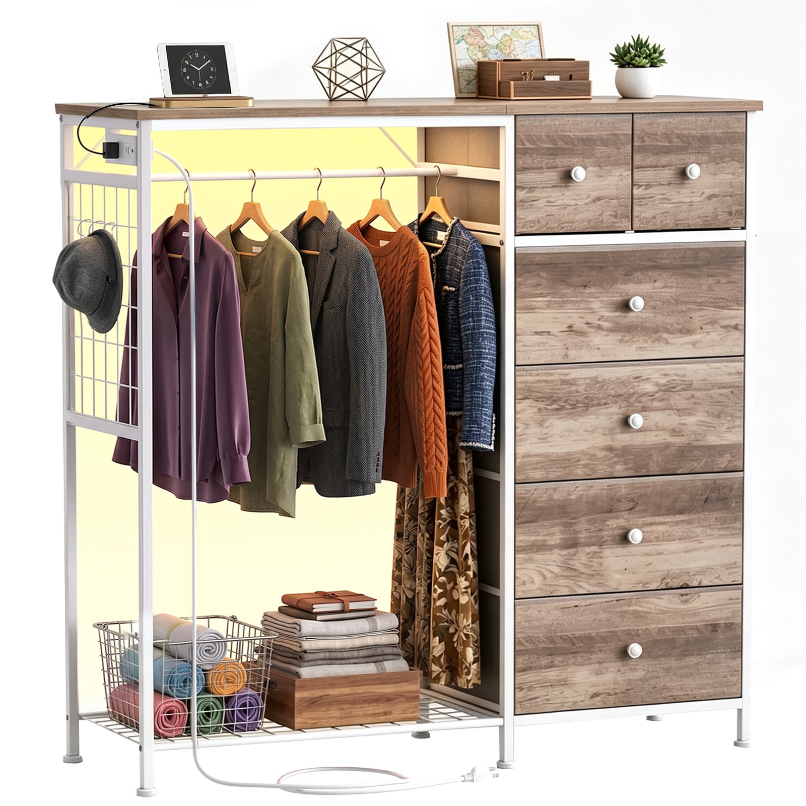 Bedroom Rak CONCETTA Dresser for Bedroom with Hanging Rack 6 Drawers Dresser, LED ...