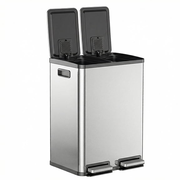 CONCETTA Dual Compartment 60L Trash Can, 2 x 8 Gallon, Stainless Steel Garbage Bin with Soft-Close Lid, Removable Inner Buckets, for Kitchen