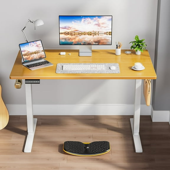 CONCETTA Electric Adjustable Height Standing Desk - 40 x 24 inch Sit to Stand Up Desk with Splice Board, Rising Home Office Computer Table with 2 Hook and Wire Hole for Work