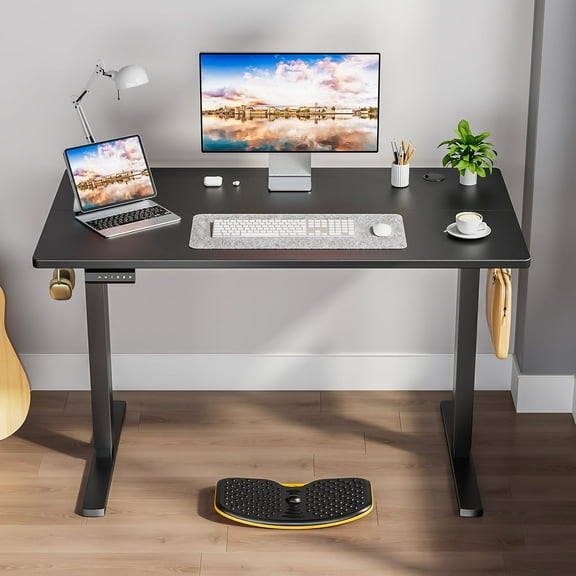 CONCETTA Electric Adjustable Height Standing Desk - 40 x 24 inch Sit to Stand Up Desk with Splice Board, Rising Home Office Computer Table with 2 Hook and Wire Hole for Work