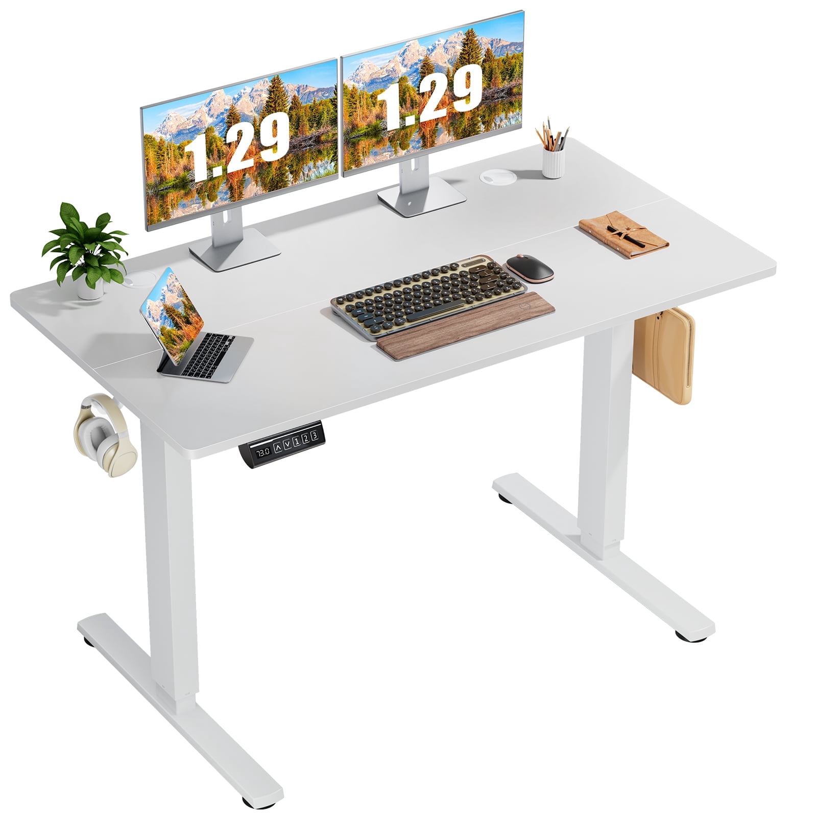 CONCETTA Electric Adjustable Height Standing Desk - 48 x 24 inch Sit to Stand Up Desk with Splice Board, Rising Home Office Computer Table with 2 Hook and Wire Hole for Work, White