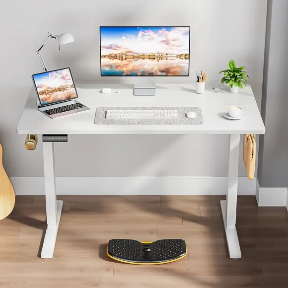 CONCETTA Electric Adjustable Height Standing Desk - 55 x 24 inch Sit to Stand Up Desk with Splice Board, Rising Home Office Computer Table with 2 Hook and Wire Hole for Work, White