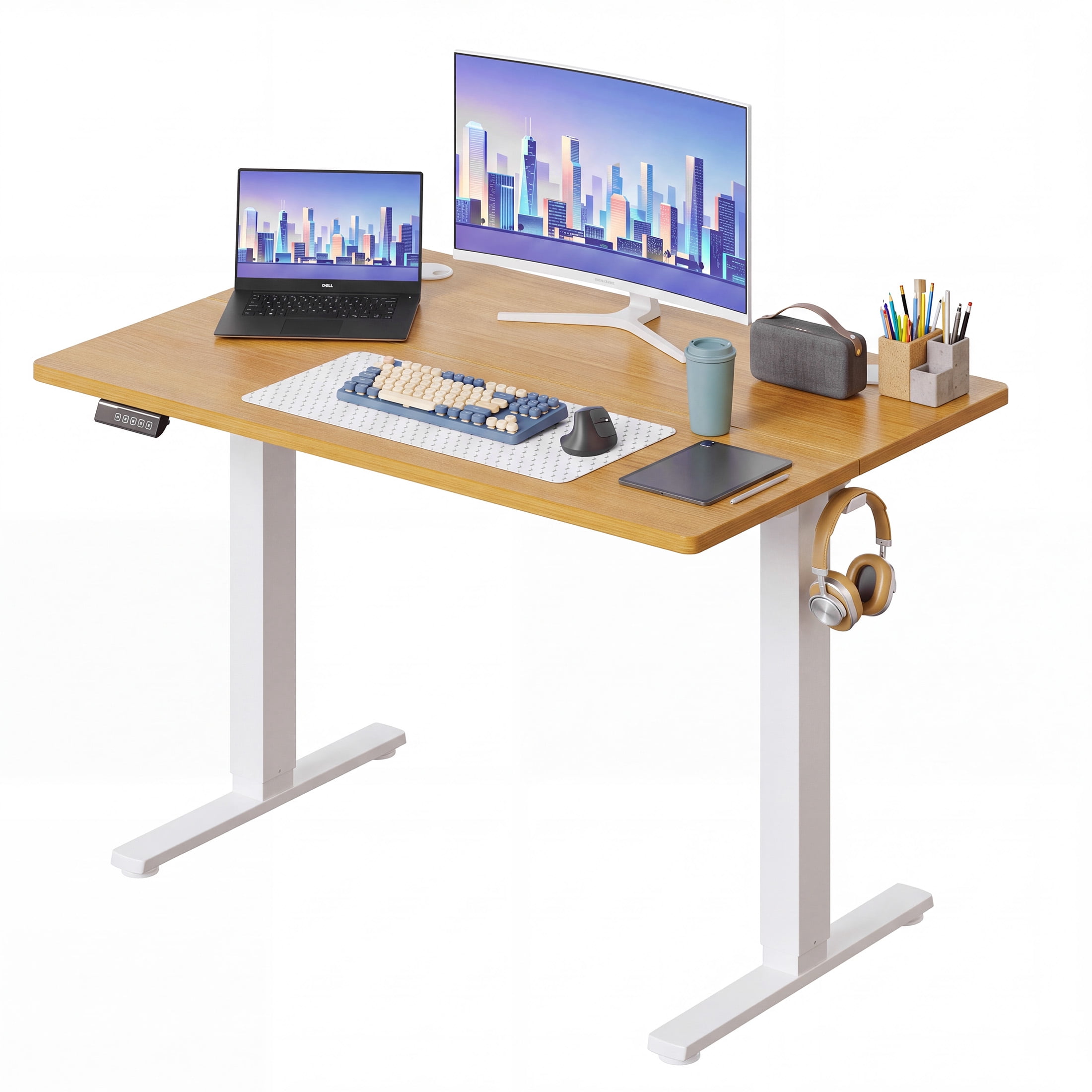 CONCETTA Electric Height Adjustable Desk, 40"x24" Ergonomic Sit Stand Workstation, One-Touch Lift Home Office Desk, Oak