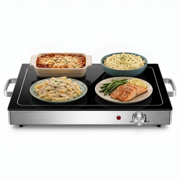 SHOUFTW 22-Inch Stainless Steel Electric Warming Tray with Tempered Glass Top, Adjustable Temperature Control, 200W Food Warmer for Parties, Holidays & Catering