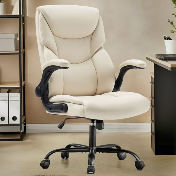 CONCETTA Ergonomic Executive Office Chair - High Back PU Leather Desk Chair with Adjustable Lumbar Support, Soft Padded Seat, Swivel & Rolling Wheels, White
