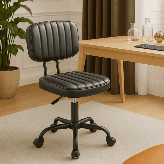 CONCETTA Ergonomic Home Office PU Leather Desk Chair, Small Space, Armless Rolling Chair for Adults, Dark Black
