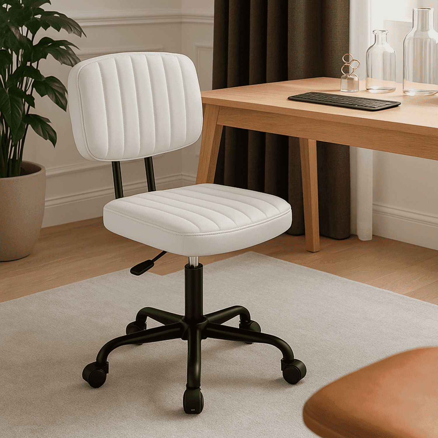CONCETTA Ergonomic Home Office PU Leather Desk Chair, Small Space, Armless Rolling Chair for Adults, White
