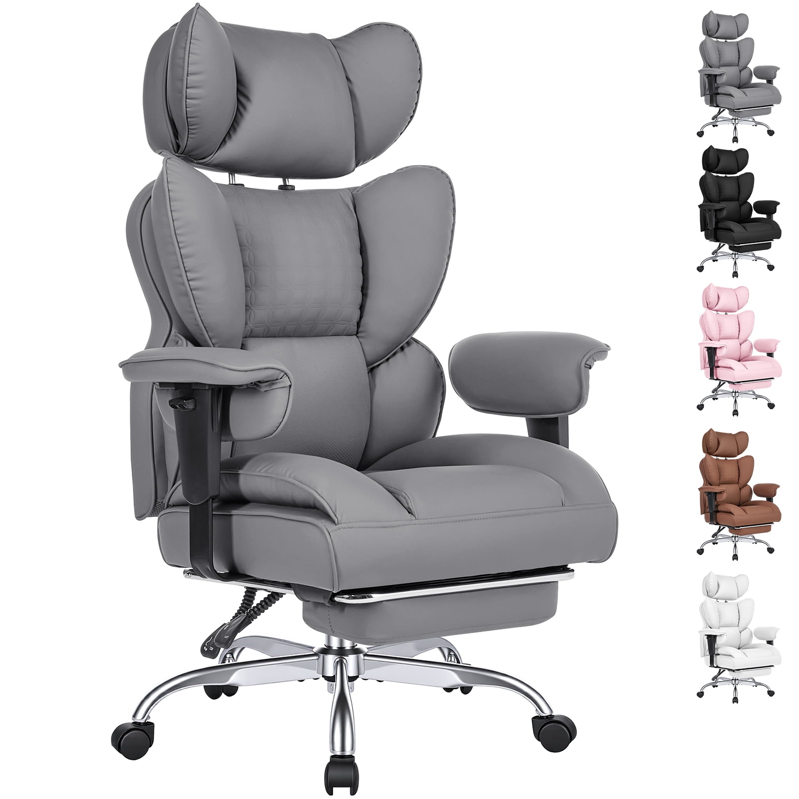 CONCETTA Ergonomic Office Chair 400LBS for Big & Tall, Heavy Duty Desk Chair with Reclining Back, Footrest, Luxurious PU Leather, Gray