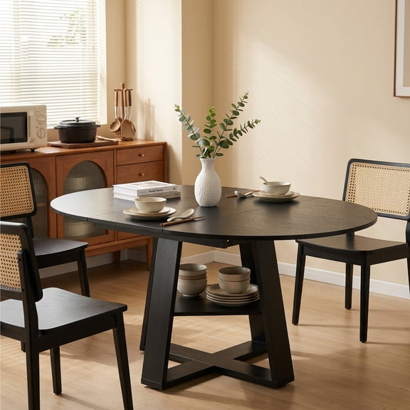 CONCETTA Extendable Dining Table for 4-8, Space-Saving with Storage Shelf, Adjustable Oval Design for Kitchen and Living Room (Black)
