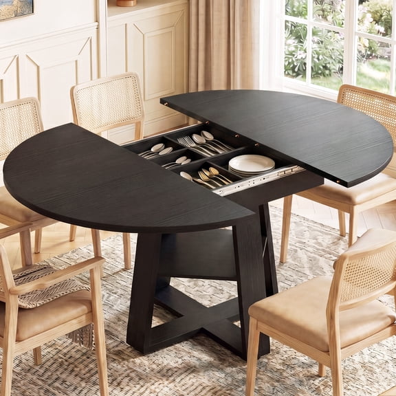 CONCETTA Extendable Dining Table for 4-8, Space-Saving with Storage Shelf, Adjustable Oval Design for Kitchen and Living Room (Black)